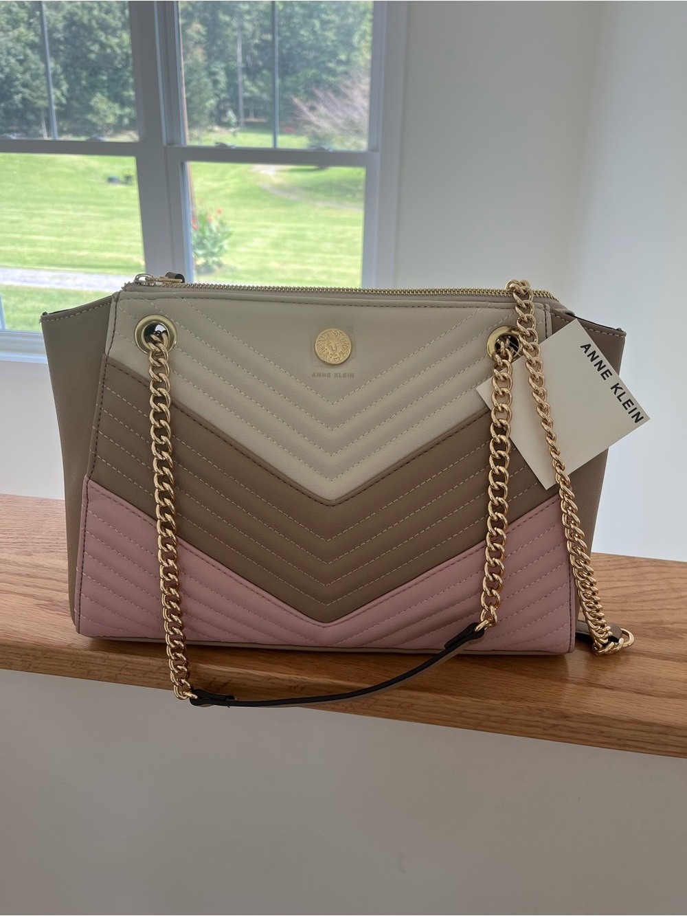 Anne Klein Colorblock Chevron Quilted Shoulder Tote — Pink, Taupe & Cream